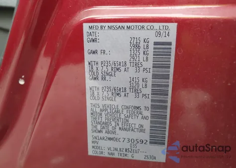 2014 Nissan Pathfinder S z USA, uszkodzony, nr VIN 5N1AR2MM0EC730592